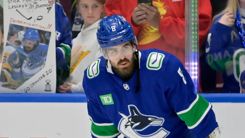Conor Garland #8 of the Vancouver Canucks looks on before Game Seven of the Second Round of the 2024 Stanley Cup Playoffs at Rogers Arena on May 20, 2024 in Vancouver, British Columbia.