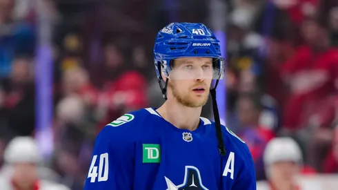 Elias Pettersson #40 of the Vancouver Canucks looks on during warmup prior to their NHL game against the Detroit Red Wings at Rogers Arena on February 2, 2025 in Vancouver, British Columbia, Canada.