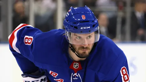 J.T. Miller #8 of the New York Rangers skates against the Boston Bruins at Madison Square Garden on February 05, 2025 in New York City. The Rangers defeated the Bruins 3-2.