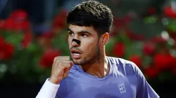 Carlos Alcaraz of Spain celebrates a point against Laslo Djere of Serbia during the Rome Open.