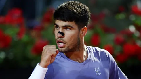 Carlos Alcaraz of Spain celebrates a point against Laslo Djere of Serbia during the Rome Open.