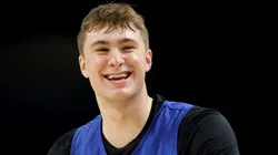 Cooper Flagg #2 of the Duke Blue Devils warms up during a practice session ahead of the Final Four in the NCAA Men's Basketball Tournament at Alamodome on April 04, 2025 in San Antonio, Texas.