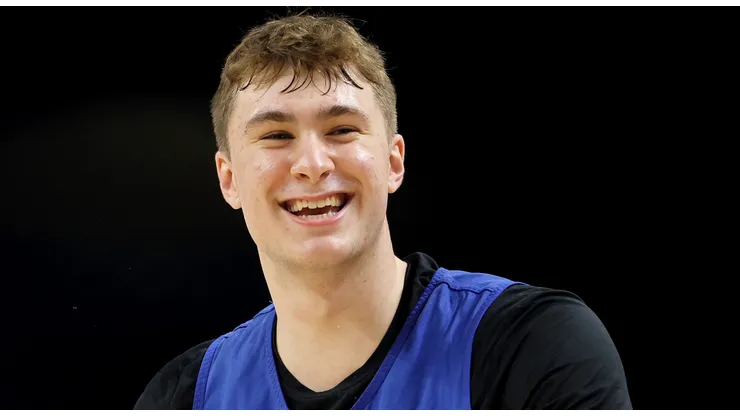 Cooper Flagg #2 of the Duke Blue Devils warms up during a practice session ahead of the Final Four in the NCAA Men's Basketball Tournament at Alamodome on April 04, 2025 in San Antonio, Texas.