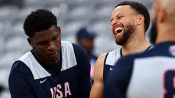 Stephen Curry of Team United States reacts with team mate Anthony Edwards during the Basketball training session ahead of the Paris 2024 Olympic Games on July 24, 2024 in Lille, France.