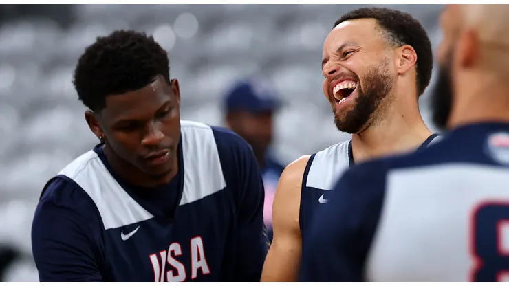 Stephen Curry of Team United States reacts with team mate Anthony Edwards during the Basketball training session ahead of the Paris 2024 Olympic Games on July 24, 2024 in Lille, France.