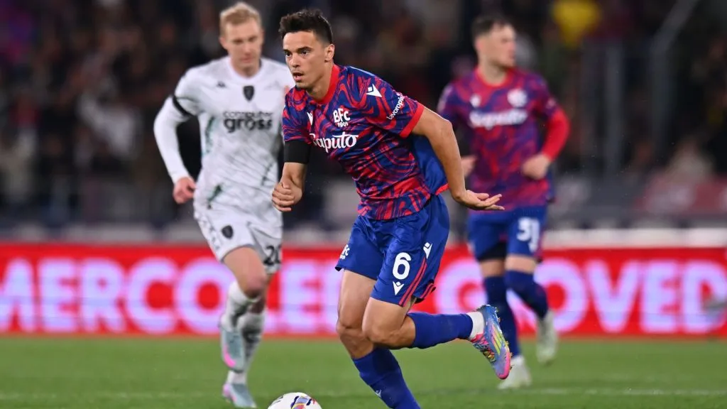 Nikola Moro of Bologna during the coppa Italia Semi Final match between Bologna FC and Empoli at Renato Dall’Ara Stadium on April 24, 2025. (Source: Alessandro Sabattini/Getty Images)