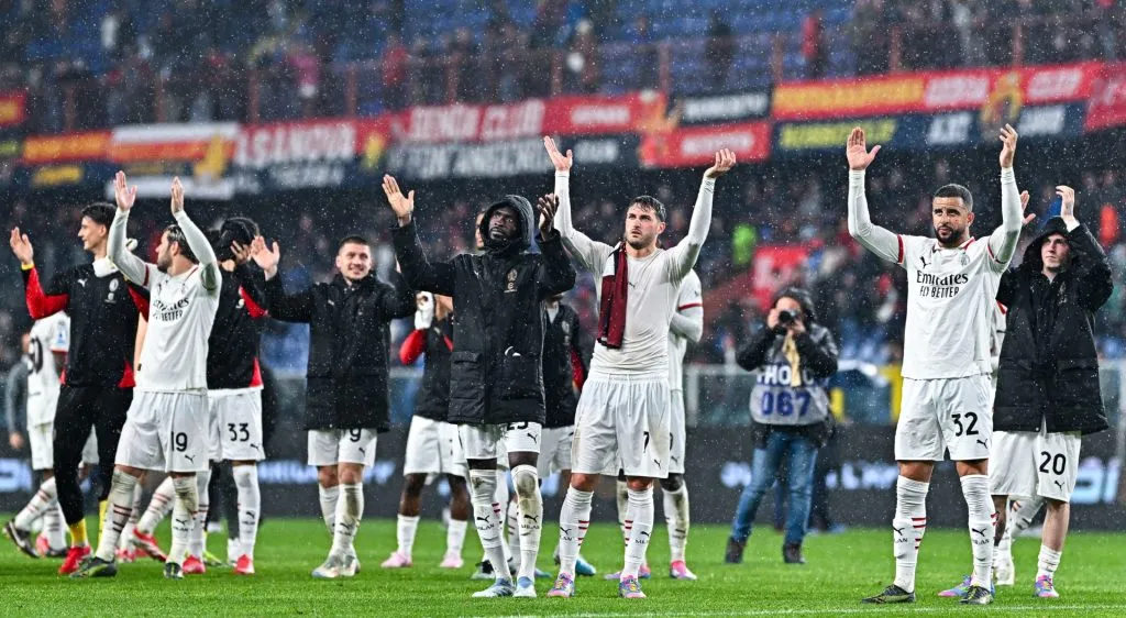 Milan players celebrate after the Serie A match between Genoa and AC Milan at Stadio Luigi Ferraris on May 5, 2025 in Genoa, Italy. (Photo by Simone Arveda/Getty Images)