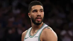 Jayson Tatum #0 of the Boston Celtics reacts in the fourth quarter against the New York Knicks in Game Four of the Eastern Conference Second Round NBA Playoffs at Madison Square Garden on May 12, 2025 in New York City.