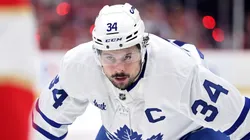 Auston Matthews #34 of the Toronto Maple Leafs looks to face off against the Florida Panthers during the third period in Game Three of the Second Round of the 2025 Stanley Cup Playoffs at Amerant Bank Arena on May 09, 2025 in Sunrise, Florida.