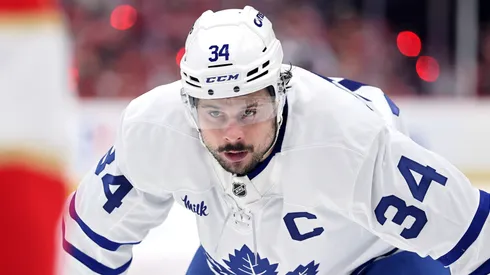 Auston Matthews #34 of the Toronto Maple Leafs looks to face off against the Florida Panthers during the third period in Game Three of the Second Round of the 2025 Stanley Cup Playoffs at Amerant Bank Arena on May 09, 2025 in Sunrise, Florida.