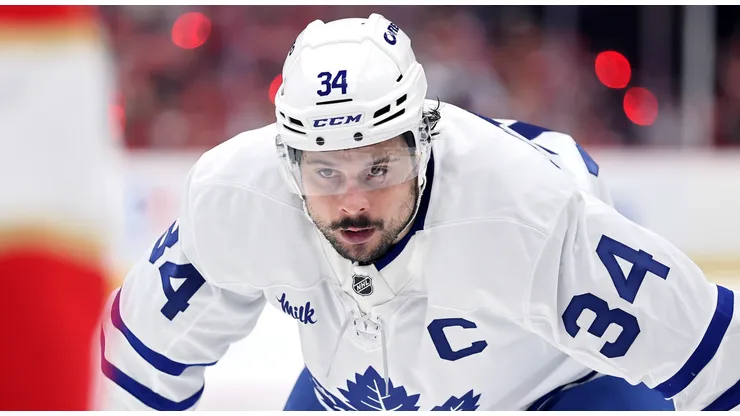 Auston Matthews #34 of the Toronto Maple Leafs looks to face off against the Florida Panthers during the third period in Game Three of the Second Round of the 2025 Stanley Cup Playoffs at Amerant Bank Arena on May 09, 2025 in Sunrise, Florida.