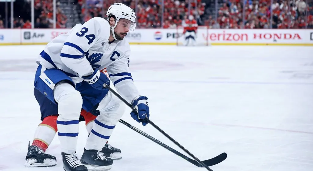 Auston Matthews #34 of the Toronto Maple Leafs skates with the puck during the second period against the Florida Panthers in Game Four of the Second Round of the 2025 Stanley Cup Playoffs at Amerant Bank Arena on May 11, 2025 in Sunrise, Florida. (Photo by Carmen Mandato/Getty Images)