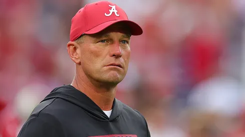 Head coach Kalen DeBoer of the Alabama Crimson Tide looks on during warmups prior to facing the Georgia Bulldogs at Bryant-Denny Stadium on September 28, 2024 in Tuscaloosa, Alabama.