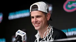 Head Coach Todd Golden of the Florida Gators speaks with the media after defeating the Houston Cougars in the National Championship of the NCAA Men's Basketball Tournament at the Alamodome on April 07, 2025 in San Antonio, Texas.