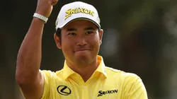 Hideki Matsuyama of Japan reacts during the trophy presentation after putting in to win on the 18th green during the final round of The Genesis Invitational on February 18, 2024.