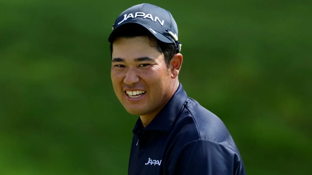 Hideki Matsuyama of Team Japan smiles on the 13th green during a practice round on day five of the Olympic Games Paris 2024 at Le Golf National on July 31, 2024. (Source: Kevin C. Cox/Getty Images)
