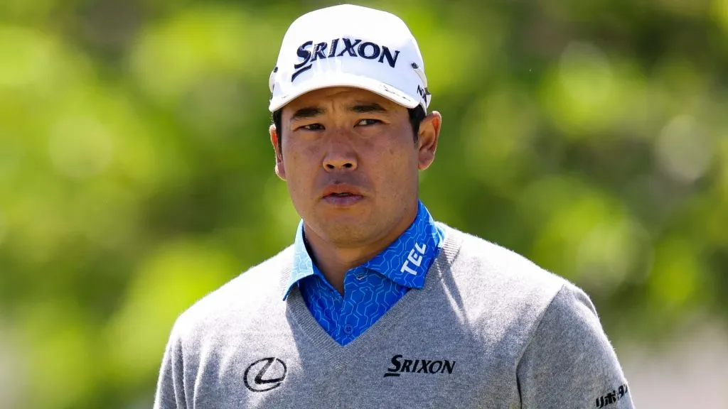 Hideki Matsuyama of Japan looks on while playing the third hole during the third round of the Truist Championship 2025 at The Wissahickon on May 10, 2025. (Source: Emilee Chinn/Getty Images)
