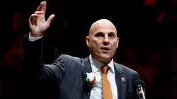 Philadelphia Flyers Hall of Fame inductee Rick Tocchet delivers an induction speech before a game between the Philadelphia Flyers and the Calgary Flames at Wells Fargo Center on November 16, 2021 in Philadelphia, Pennsylvania.