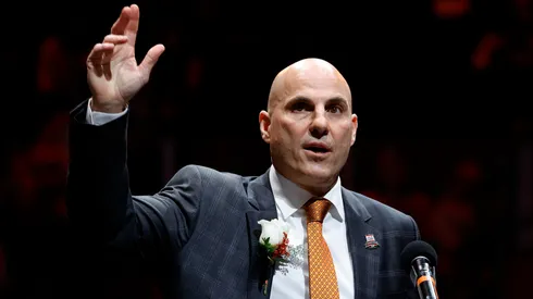 Philadelphia Flyers Hall of Fame inductee Rick Tocchet delivers an induction speech before a game between the Philadelphia Flyers and the Calgary Flames at Wells Fargo Center on November 16, 2021 in Philadelphia, Pennsylvania.