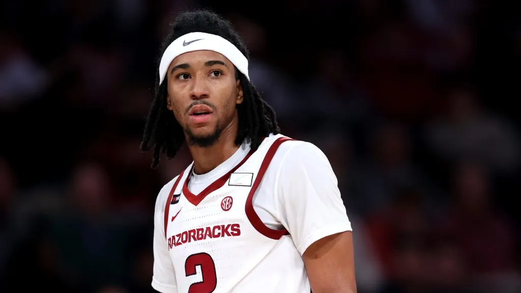 Boogie Fland #2 of the Arkansas Razorbacks in action against the Michigan Wolverines in the Jimmy V Classic at Madison Square Garden on December 10, 2024 in New York City.