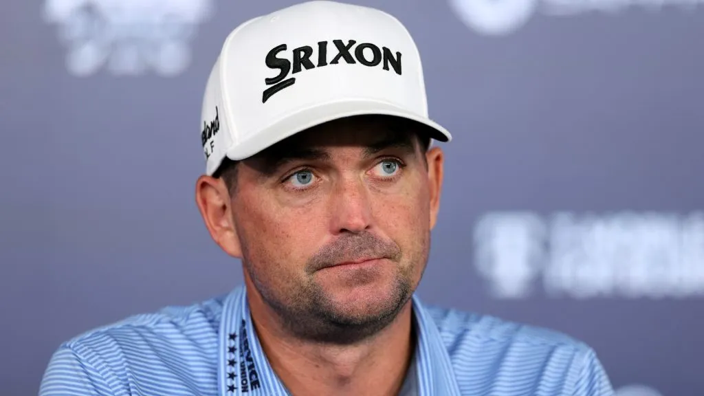 Keegan Bradley of the United States speaks to the media prior to the PGA Championship at Quail Hollow Country Club on May 13, 2025. (Source: Alex Slitz/Getty Images)
