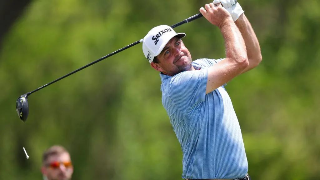 Keegan Bradley hits a tee shot on the 15th hole during the first round of the Truist Championship 2025 at The Wissahickon at Philadelphia Cricket Club on May 08, 2025. (Source: Andrew Redington/Getty Images)