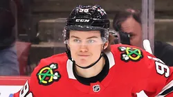 Connor Bedard #98 of the Chicago Blackhawks celebrates after assisting a goal by Tyler Bertuzzi #59 (not pictured) against the New York Rangers during the first period at the United Center on January 05, 2025 in Chicago, Illinois.