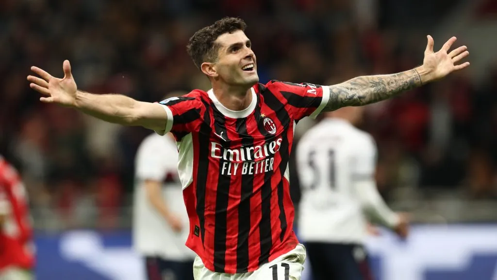 Christian Pulisic of AC Milan celebrates scoring his team’s second goal during the Serie A match between AC Milan and Bologna at Stadio Giuseppe Meazza on May 09, 2025. (Source: Marco Luzzani/Getty Images)