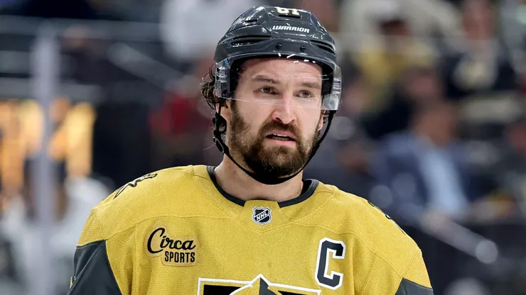 Mark Stone #61 of the Vegas Golden Knights waits for a faceoff against the Edmonton Oilers in overtime of Game Two of the Second Round of the 2025 Stanley Cup Playoffs at T-Mobile Arena on May 08, 2025
