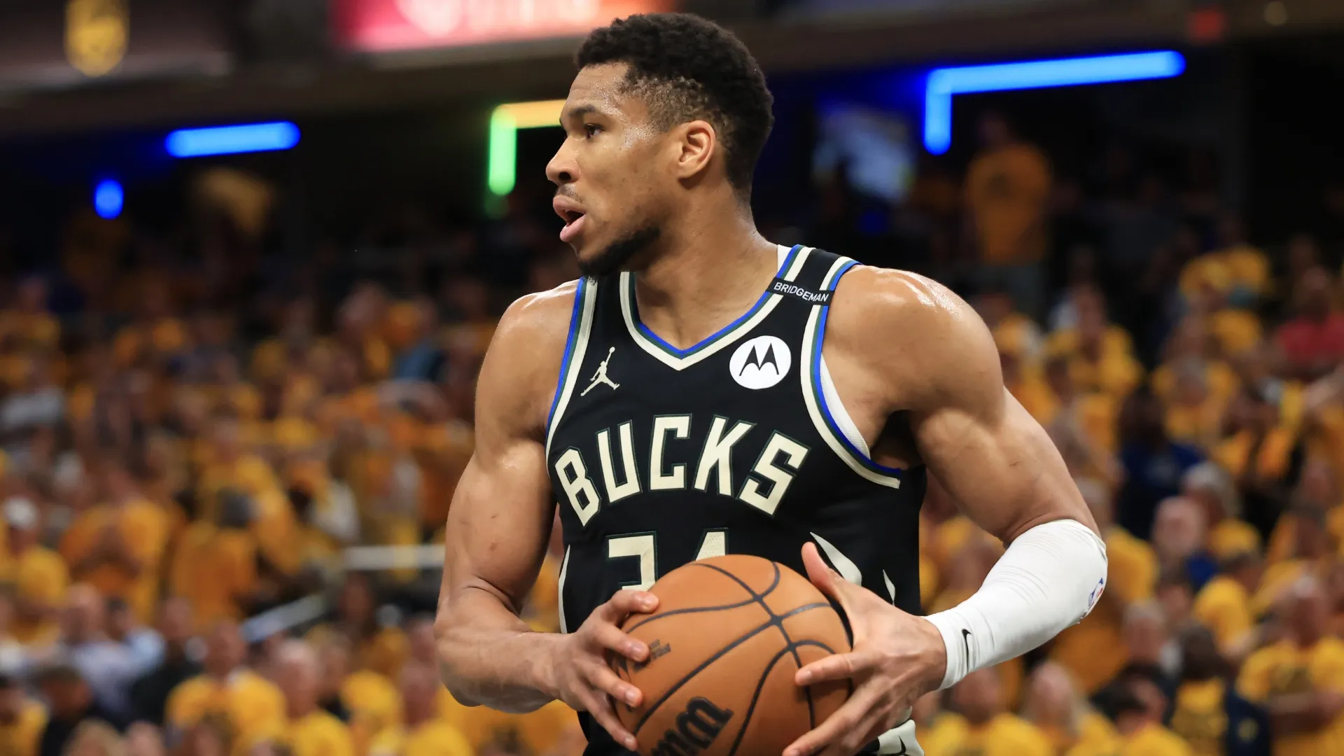 Giannis Antetokounmpo with the ball during a game