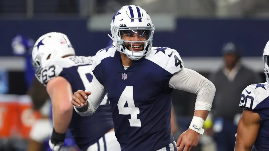 Dak Prescott #4 of the Dallas Cowboys reacts after a touchdown during the second half in the game against the New York Giants at AT&amp;T Stadium on November 24, 2022 in Arlington, Texas.