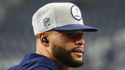 Dak Prescott #4 of the Dallas Cowboys warms up prior to the game against the New York Giants at AT&T Stadium on November 24, 2022 in Arlington, Texas.