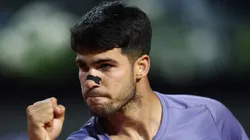 Carlos Alcaraz of Spain celebrates a point against Laslo Djere of Serbia during the Rome Open.
