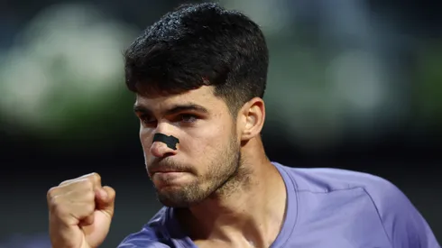 Carlos Alcaraz of Spain celebrates a point against Laslo Djere of Serbia during the Rome Open.