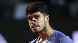 Carlos Alcaraz of Spain reacts against Laslo Djere of Serbia during the third round of the Rome Open.