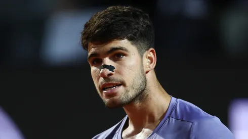 Carlos Alcaraz of Spain reacts against Laslo Djere of Serbia during the third round of the Rome Open.