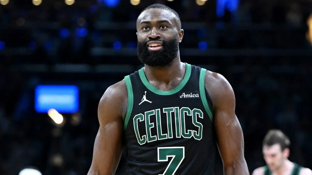 Jaylen Brown reacts during the NBA Playoffs