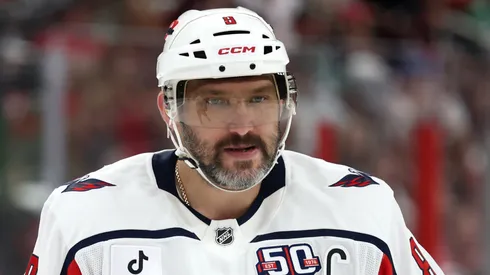 Alex Ovechkin #8 of the Washington Capitals looks on during the first period in Game Three of the Second Round of the 2025 Stanley Cup Playoffs against the Carolina Hurricanes.
