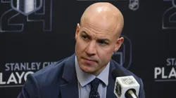 Head coach Spencer Carbery of the Washington Capitals speaks with the media prior to Game One of the First Round of the 2024 Stanley Cup Playoffs against the New York Rangers.