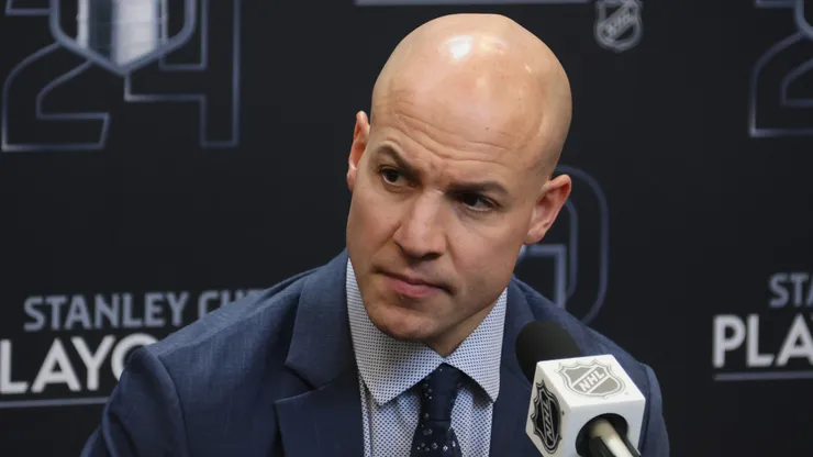 Head coach Spencer Carbery of the Washington Capitals speaks with the media prior to Game One of the First Round of the 2024 Stanley Cup Playoffs against the New York Rangers.