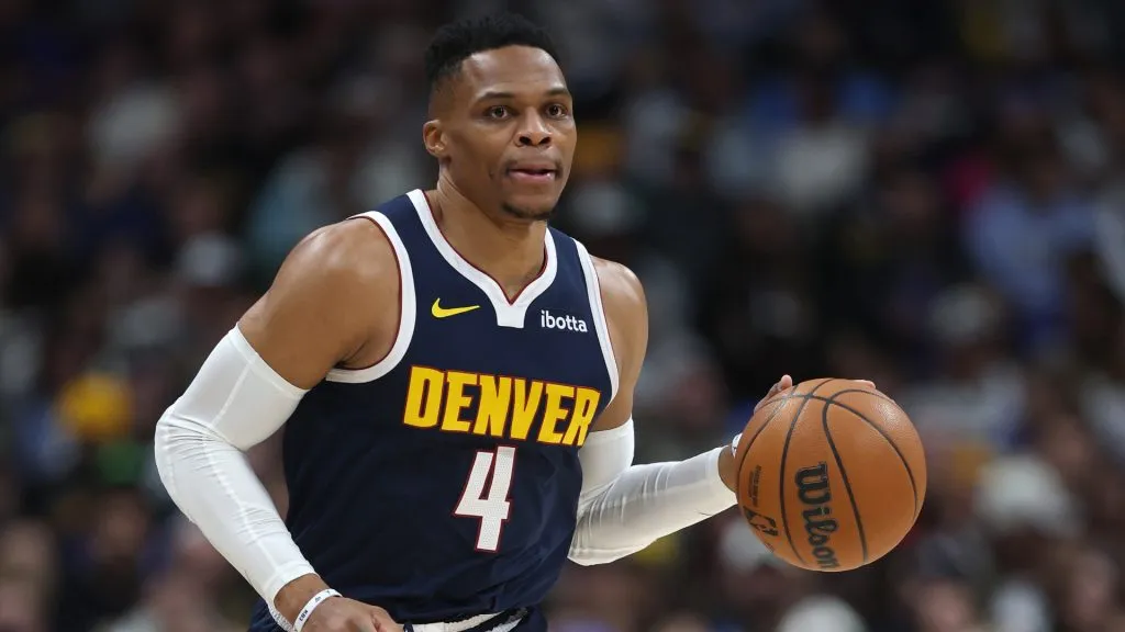 Russell Westbrook #4 of the Denver Nuggets brngs the ball down the court against the Charlotte Hornets in the first quarter at Ball Arena on February 20, 2025. (Source: Matthew Stockman/Getty Images)