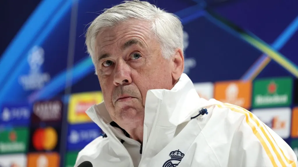 Carlo Ancelotti, Head Coach of Real Madrid, talks during a press conference ahead of their UEFA Champions League 2024/25 quarter final first leg match on April 07, 2025. (Source: Alex Davidson/Getty Images)