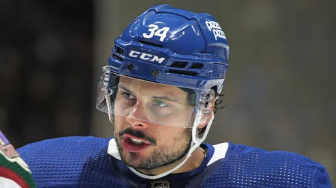 Auston Matthews #34 of the Toronto Maple Leafs has a few words for ex teammate Alexander Kerfoot#15 of the Arizona Coyotes after his short handed goal against the Toronto Maple Leafs during the second period in an NHL game at Scotiabank Arena on February 29, 2024 in Toronto, Ontario, Canada.