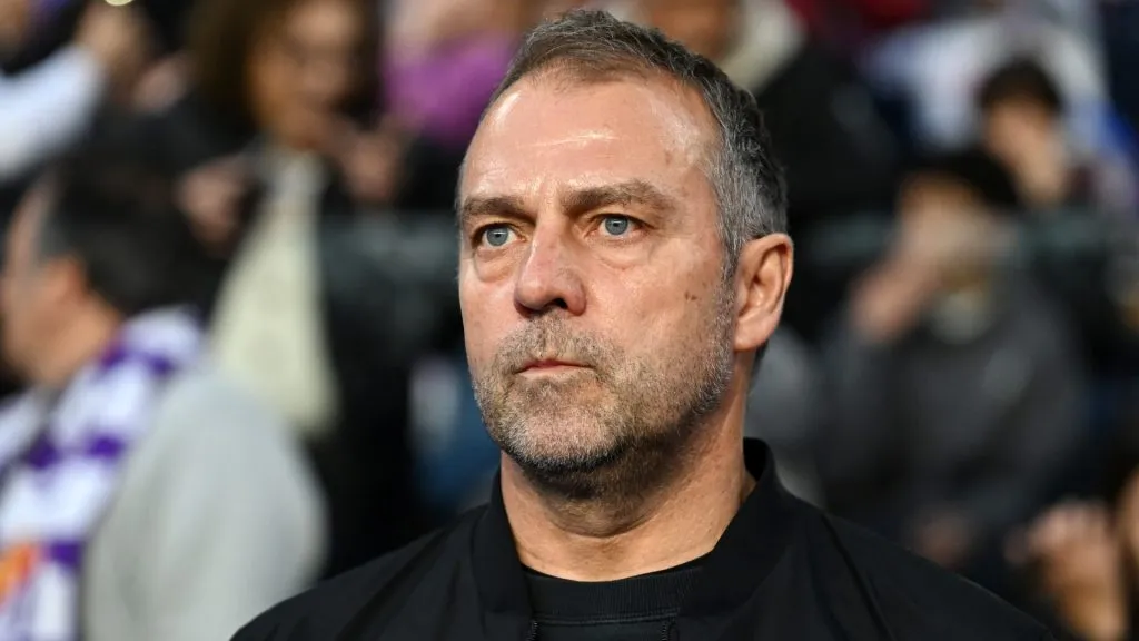 Hansi Flick, Head Coach of FC Barcelona, looks on prior to the LaLiga match between Real Valladolid CF and FC Barcelona at Jose Zorrilla on May 03, 2025. (Source: Denis Doyle/Getty Images)