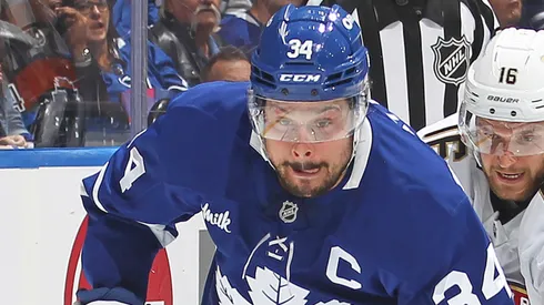 Auston Matthews #34 of the Toronto Maple Leafs skates during the second period in Game Five of the Second Round of the 2025 Stanley Cup Playoffs.
