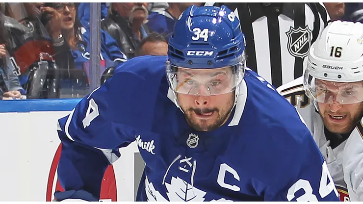 Auston Matthews #34 of the Toronto Maple Leafs skates during the second period in Game Five of the Second Round of the 2025 Stanley Cup Playoffs.