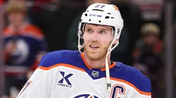 Connor McDavid #97 of the Edmonton Oilers warms up prior to the game against the Chicago Blackhawks at the United Center on January 11, 2025 in Chicago, Illinois.