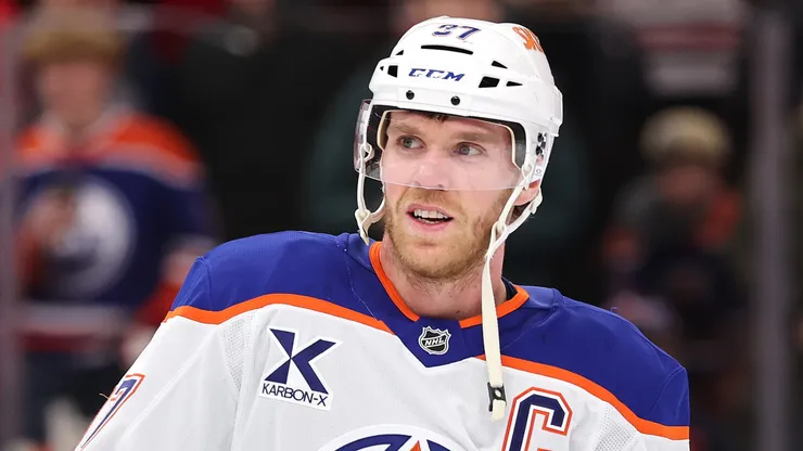 Connor McDavid #97 of the Edmonton Oilers warms up prior to the game against the Chicago Blackhawks at the United Center on January 11, 2025 in Chicago, Illinois.