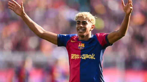 Lamine Yamal of FC Barcelona celebrates after the teams 4-3 victory in the LaLiga match between FC Barcelona and Real Madrid CF at Estadi Olimpic Lluis Companys on May 11, 2025.