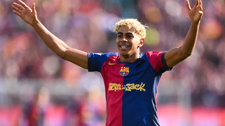 Lamine Yamal of FC Barcelona celebrates after the teams 4-3 victory in the LaLiga match between FC Barcelona and Real Madrid CF at Estadi Olimpic Lluis Companys on May 11, 2025.